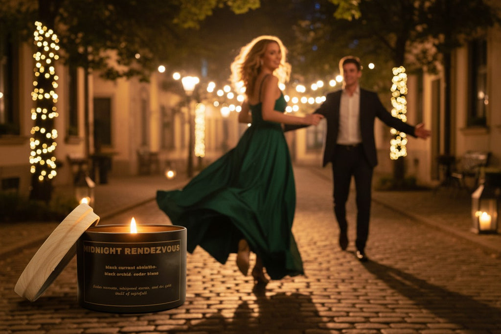 Show Me Candles Midnight Rendezvous 5.6oz scented candle with a dark, elegant design and flickering flame.