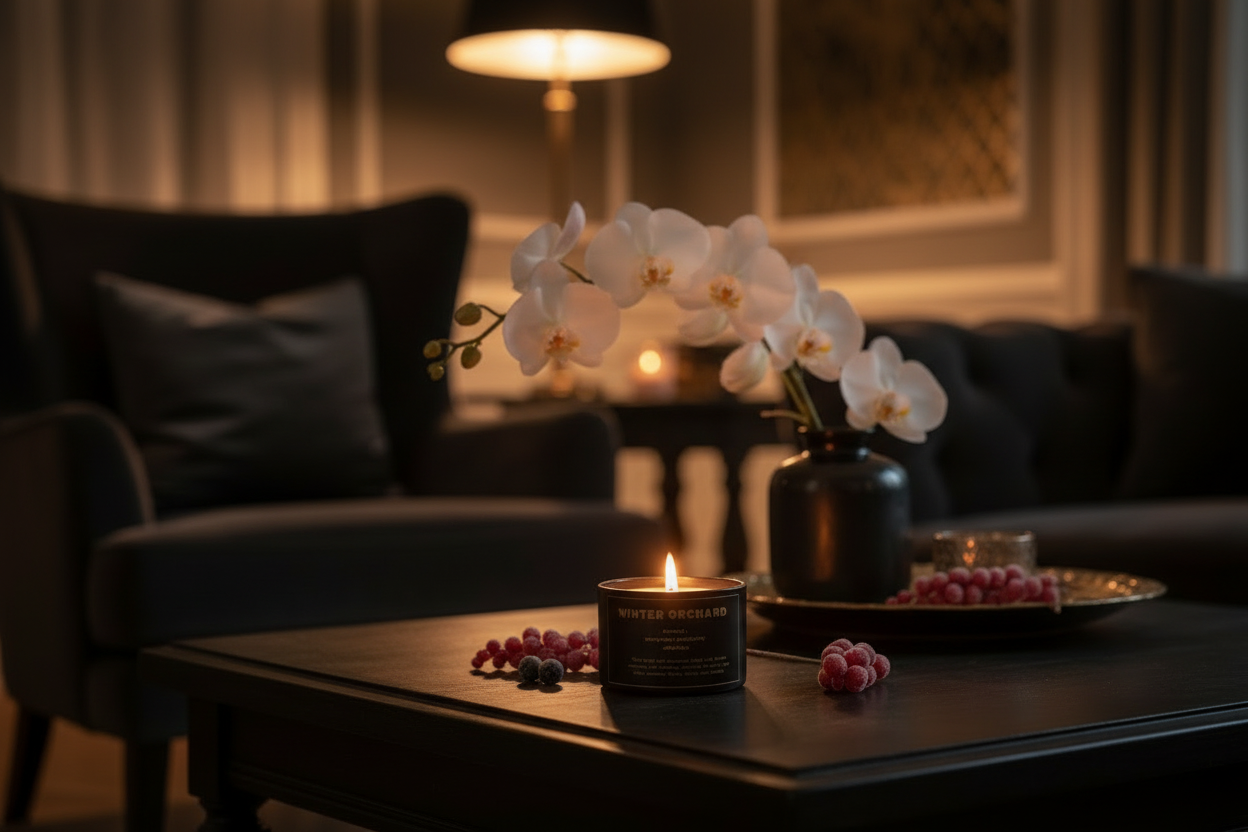 Winter Orchard candle in home with orchids