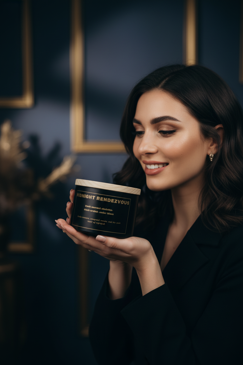 Woman holding large Midnight Rendezvous candle